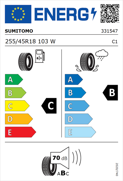 Tyre Label for Sumitomo BC100 255/45R18 103W