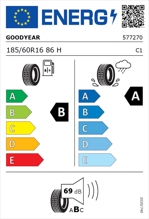 Tyre Label for Goodyear EfficientGrip Performance 2 185/60R16 86H