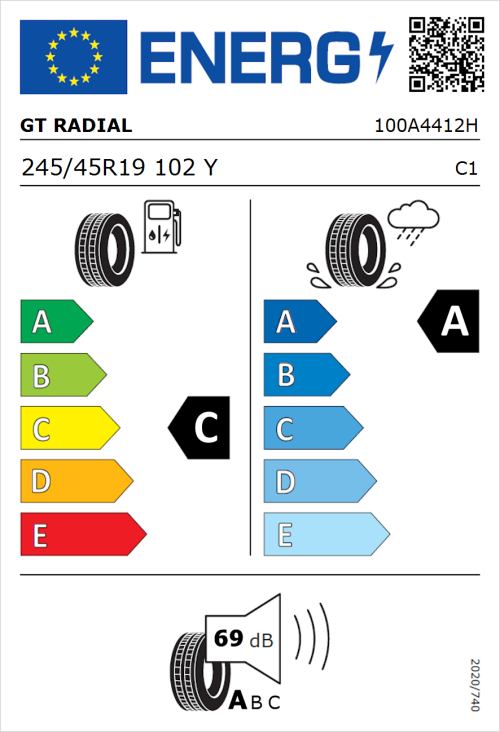 Tyre Label for GT Radial SportActive 2 245/45R19 102Y