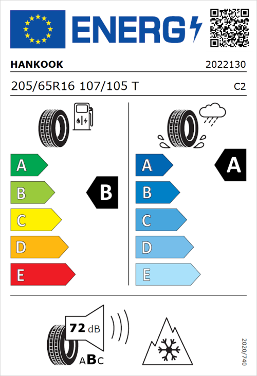 Tyre Label for Hankook Vantra Transit (RA58) 205/65R16 107/105T