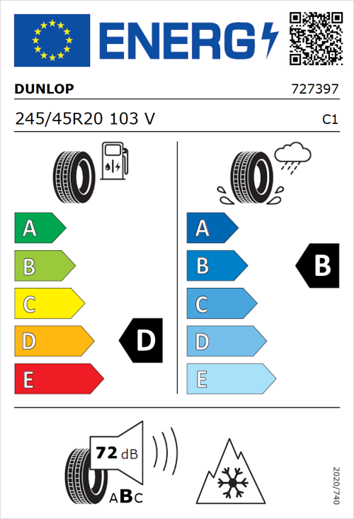 Tyre Label for Dunlop SP Winter Sport 5 245/45R20 103V