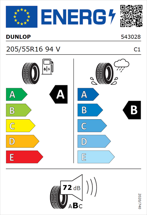 Tyre Label for Dunlop Sport BluResponse 205/55R16 94V