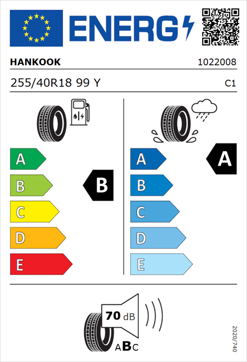 Tyre Label for Hankook Ventus S1 Evo 3 Runflat (K127B) 255/40R18 99Y