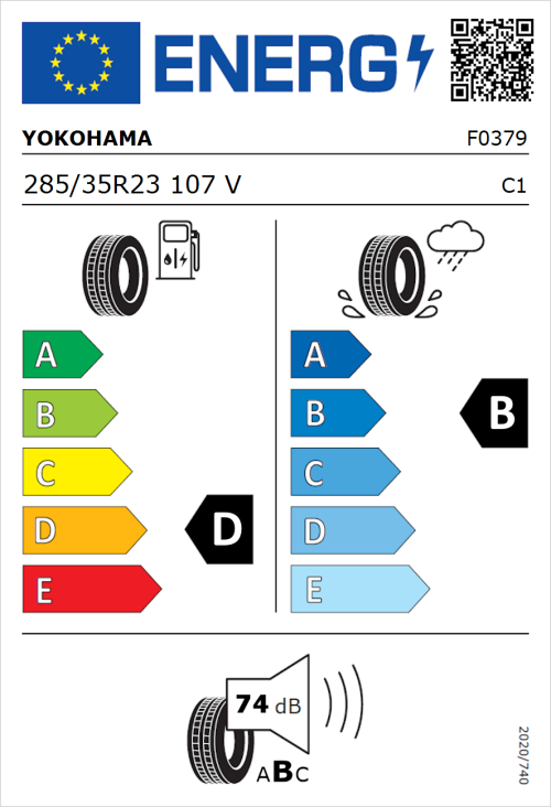 Tyre Label for Yokohama PA02 285/35R23 107V